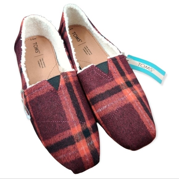 Toms Shoes - TOMS Alpargata Flat Wool Red Plaid Women's 9.5 Faux Fur Slip On Shoes Boho Cute